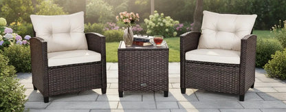 3-Piece Outdoor Patio Furniture Set, PE Rattan Sofa with Washable Cushions & Glass Table, Garden Poolside