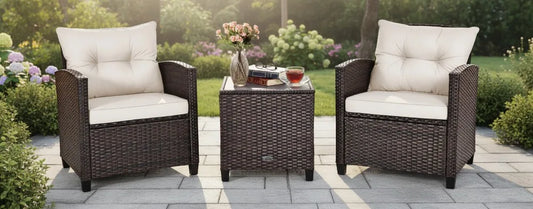 3-Piece Outdoor Patio Furniture Set, PE Rattan Sofa with Washable Cushions & Glass Table, Garden Poolside