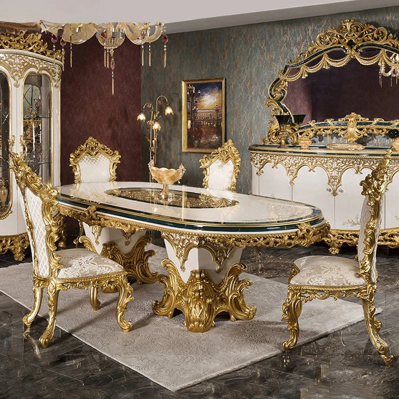 Upscale Royal Luxury Restaurant Furniture Set Custom Classical Wooden Gold Leaf Dining Table