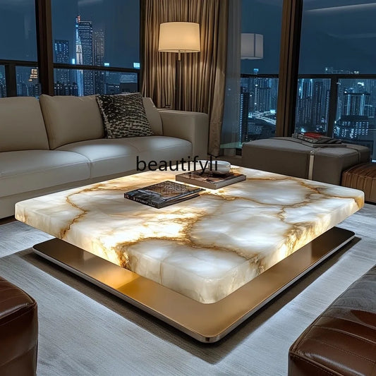 Square luminous jade coffee table villa living room high-end marble home, light luxury minimalist luxury stone