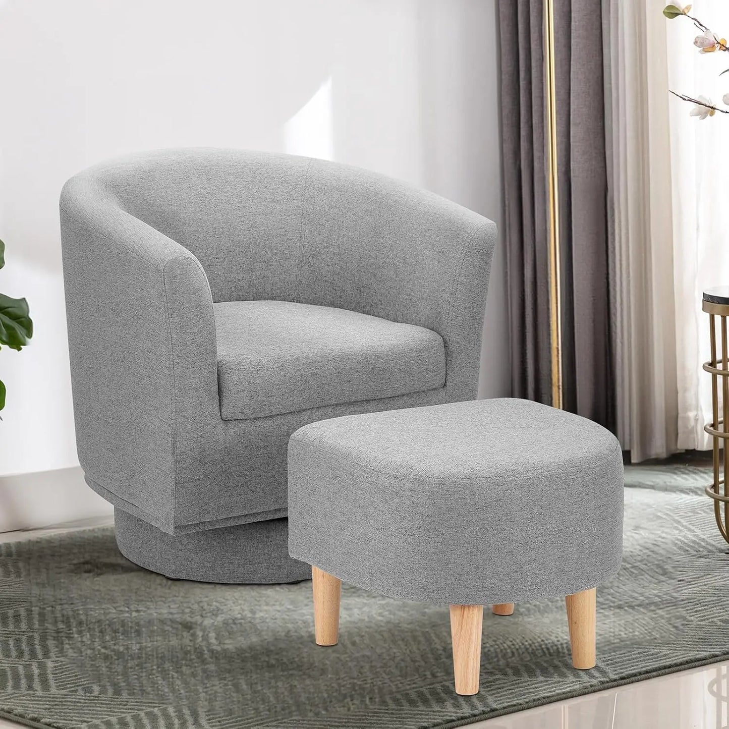 White Swivel Accent Chair with Ottoman, Modern Barrel Living Room Chair with 360° Swivel Base, Upholstered Armchair, Customized