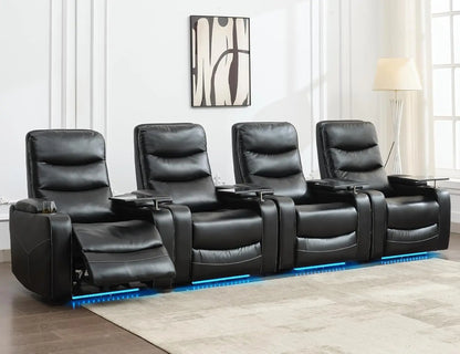 Power Recliner Chair With LED Light, USB Port, Cup Holder Tray Table Faux Leather Electric Reclining Chair Home Theater Seating