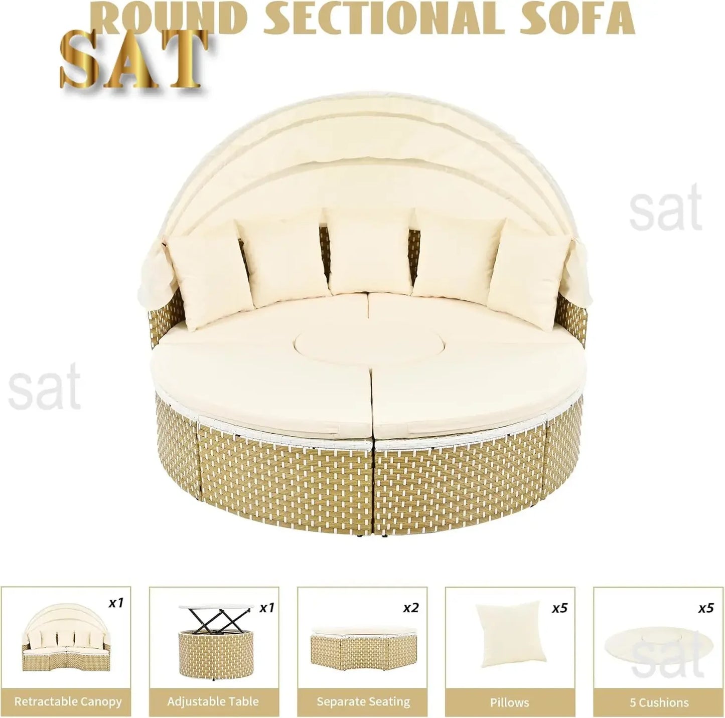 %a Patio Rattan Sunbed with Retractable Canopy, Round Outdoor Sectional Sofa Set with Separate Seating,liftable Table and Remov