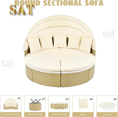 %a Patio Rattan Sunbed with Retractable Canopy, Round Outdoor Sectional Sofa Set with Separate Seating,liftable Table and Remov