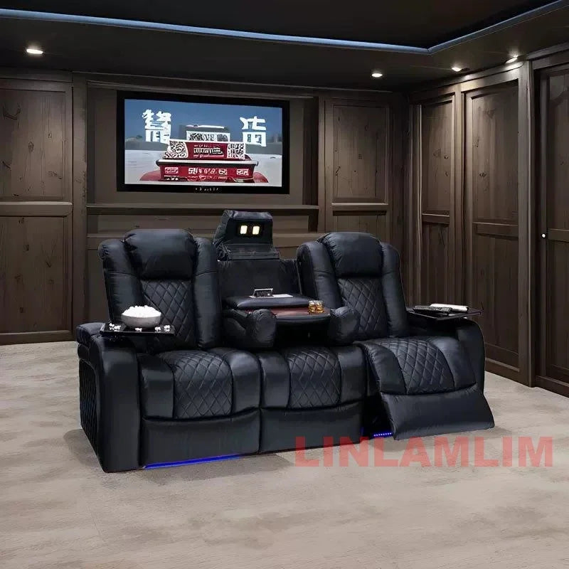 Luxury Dual Motors Power Reclining Sofa with LED Lighting, USB, Hidden Storage, Fold-Down Table & Tray – 3-Seat Recliner Sofa