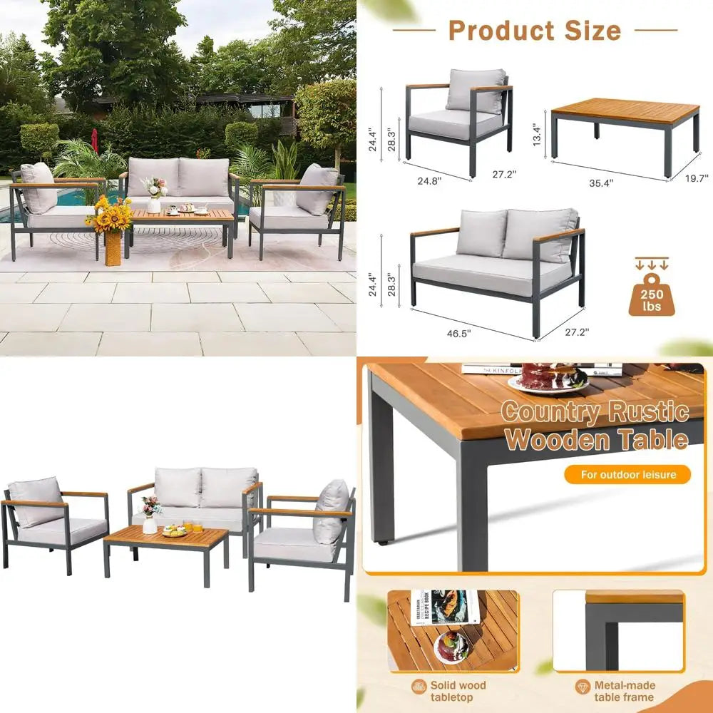 2025new-Solid Wood 4-Piece Patio Lounge Set with Waterproof Cushions and Durable Armrests