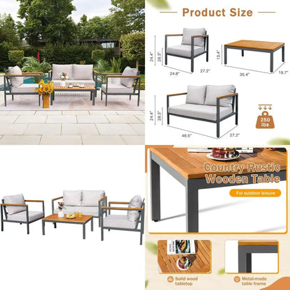 2025new-Solid Wood 4-Piece Patio Lounge Set with Waterproof Cushions and Durable Armrests