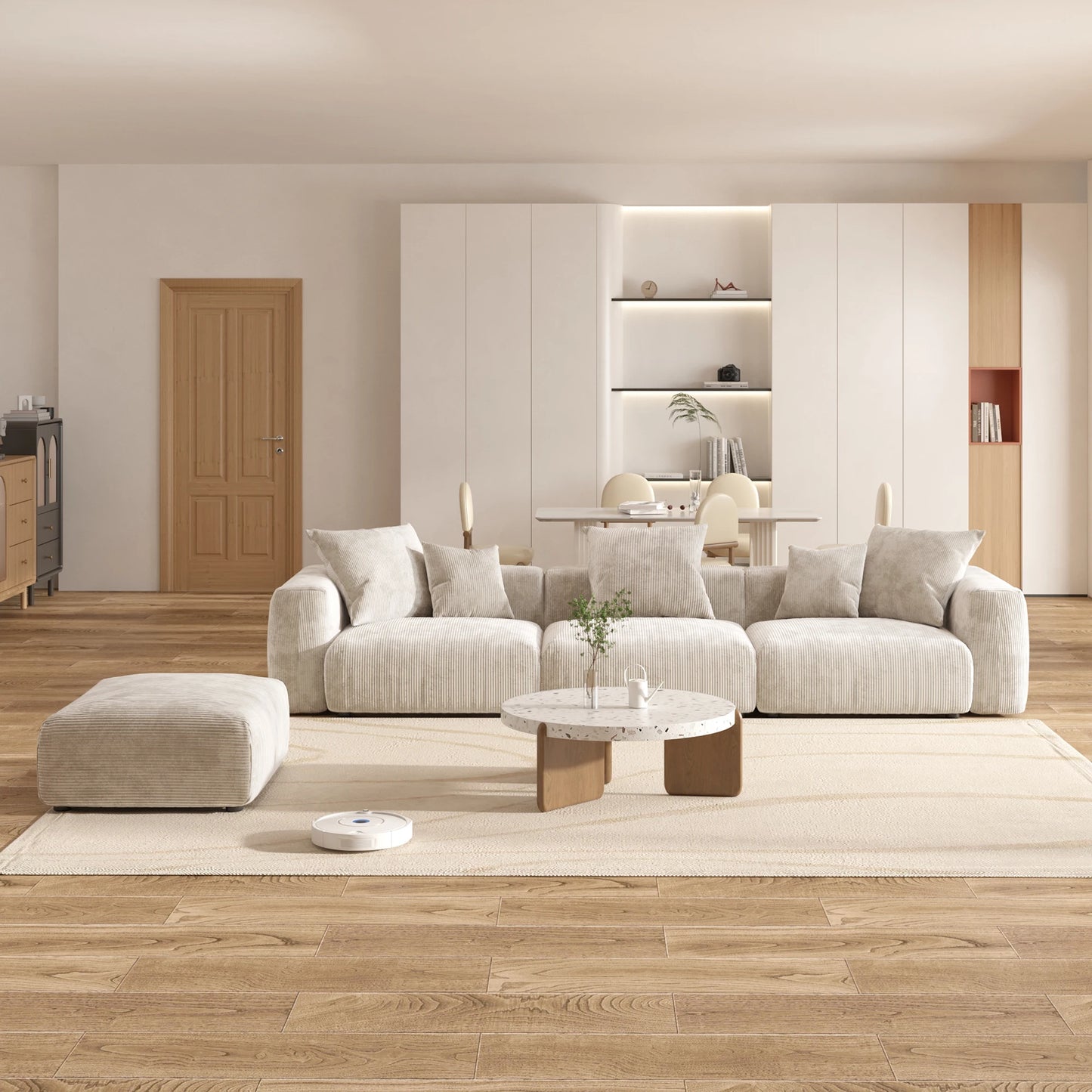 Sdorens 141.73'' L Shape Sectional Sofa Corduroy Fabric Couches Oversized 3 Seater Couch with 1 Ottomans for Living Room Set