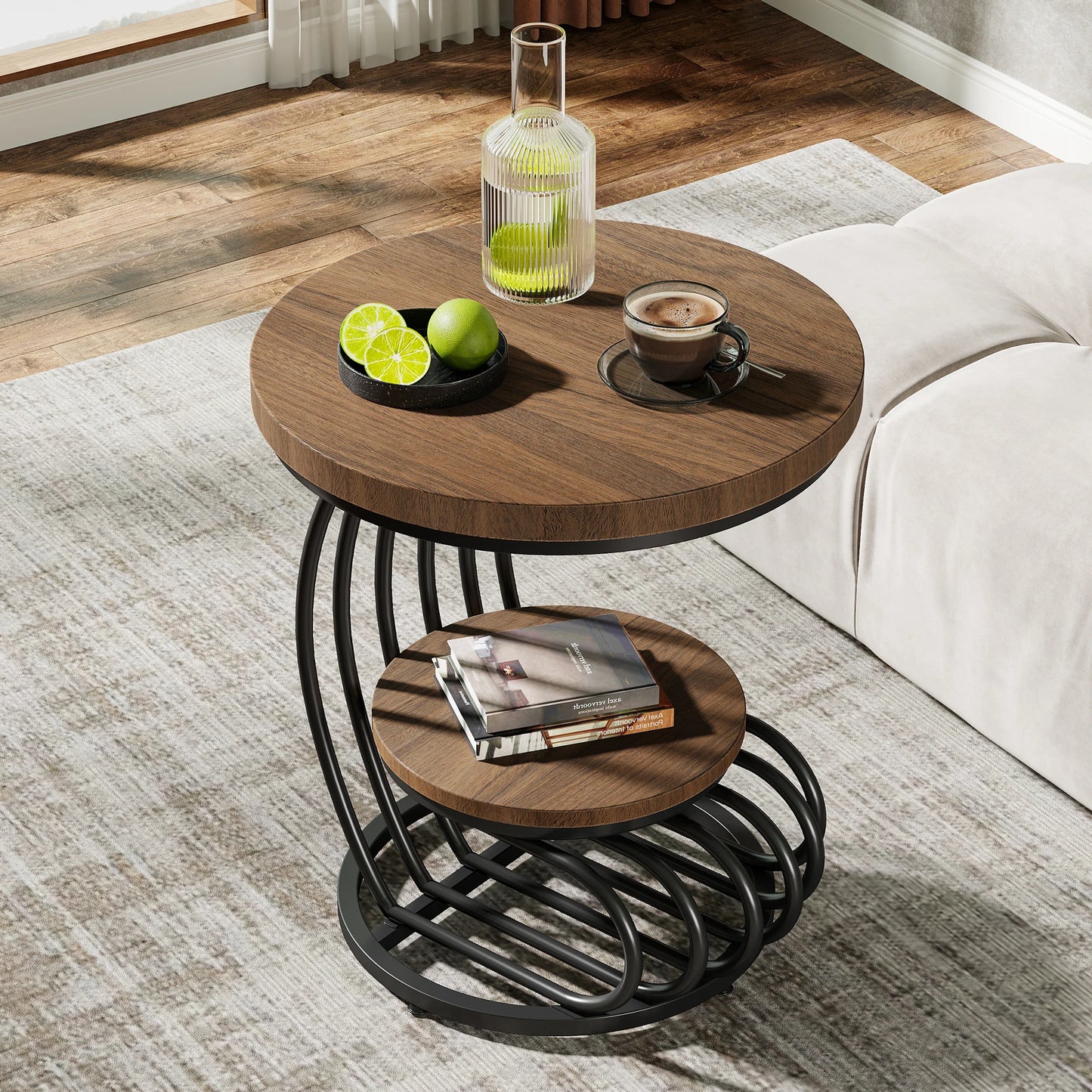 Tribesigns Gold Round End Table: 2 Tiers Faux Marble Side Table with Storage Shelf, Modern White Gold Bedside Nightstand