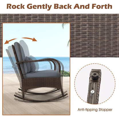 3 Pieces Patio Furniture Set, Outdoor Wicker Rocking Chairs with Cushions, Pillows, Glass Coffee Table, Rattan Bistro Rocker Se