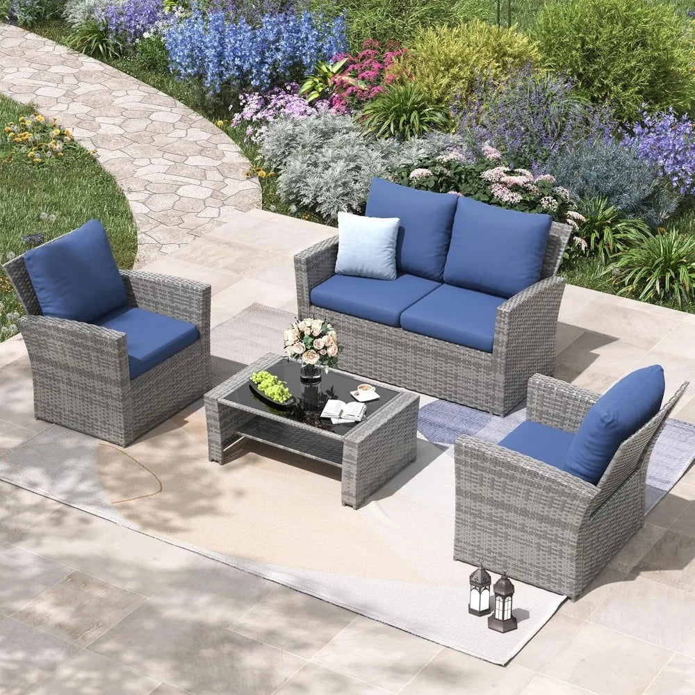 4-Piece Outdoor Wicker Patio Furniture Set, PE Rattan Sectional Sofa with Thick Cushions & Tempered Glass Table, Weather-Resist