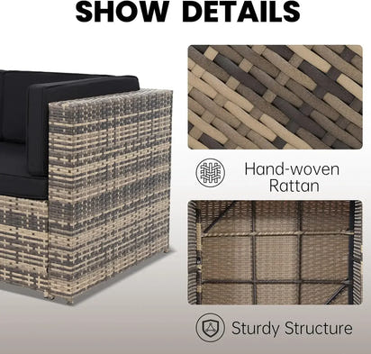 8 Pieces Outdoor Wicker Rattan Patio Furniture Sectional Set, Glass Top Table with Hidden Storage