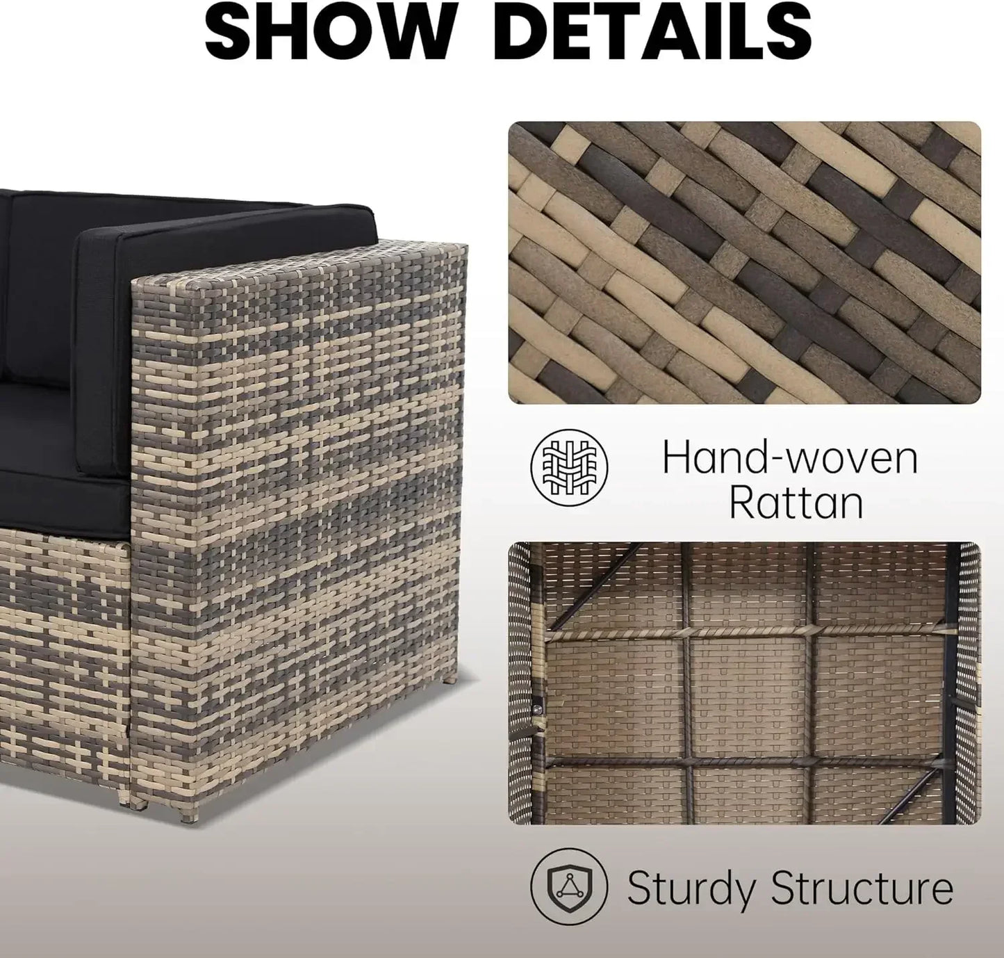 8 Pieces Outdoor Wicker Rattan Patio Furniture Sectional Set, Glass Top Table with Hidden Storage