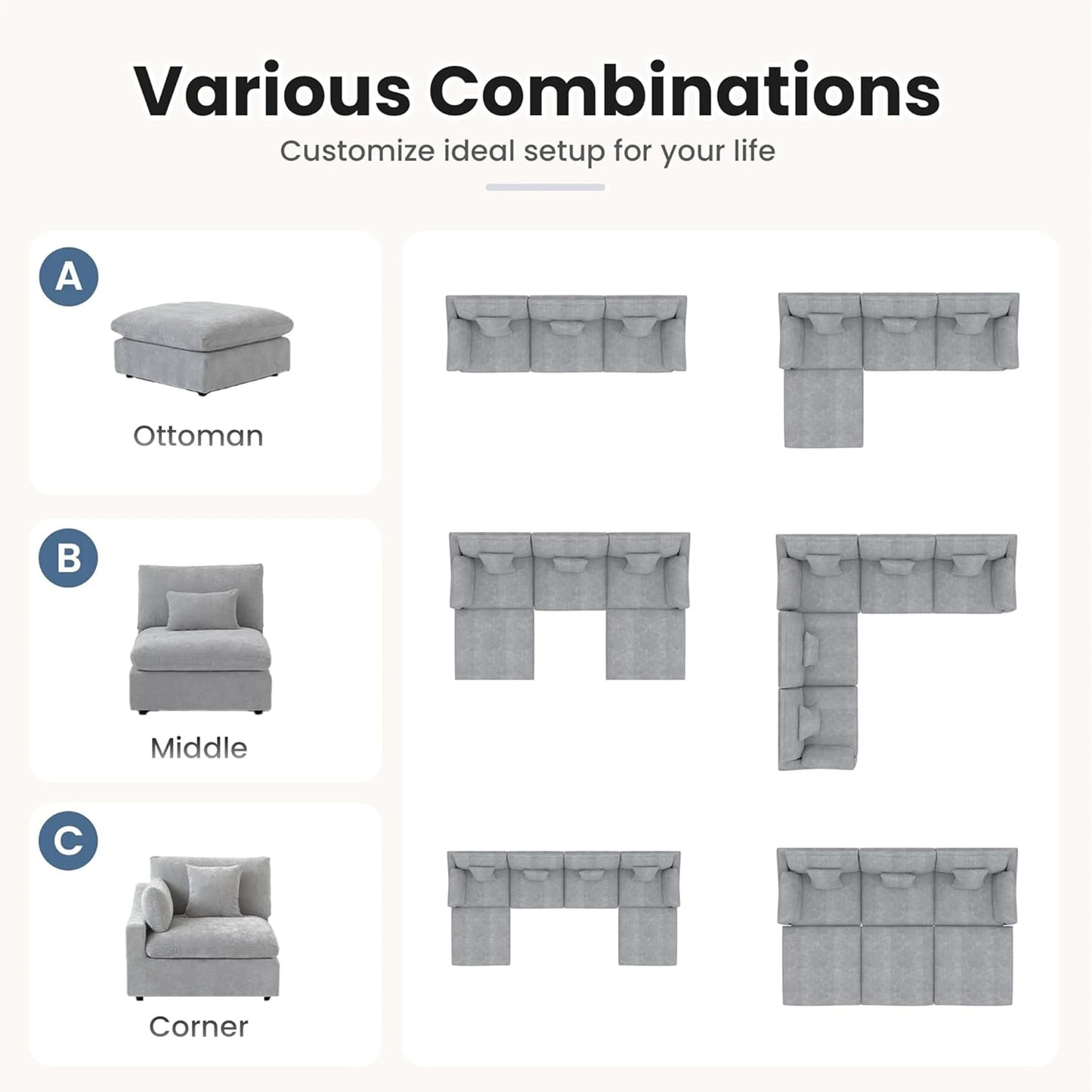 Sdorens 120'' Sectional Sofas for Living Room Modern Cloud Couch Down Filled L-Shaped 3Seater Couch with Ottoman