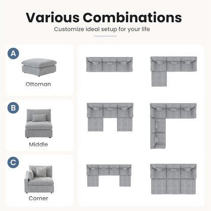 Sdorens 120'' Sectional Sofas for Living Room Modern Cloud Couch Down Filled L-Shaped 3Seater Couch with Ottoman