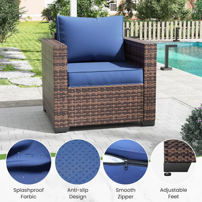 Wicker Outdoor Sofa & Patio Couch Set - High Back Waterproof Patio Furniture Single Armrest Chair with Non-Slip Cushions, Outdo