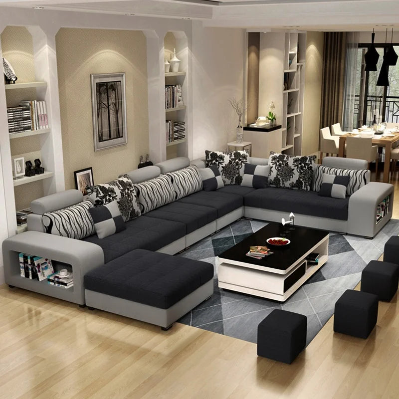 European Luxury Living Room Sofas 7 Seater U Shaped Home Furniture Wooden Fabric Armchair Corner Recliner Sectional  Sofa Set