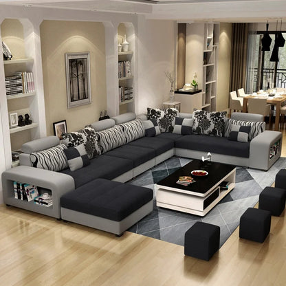 European Luxury Living Room Sofas 7 Seater U Shaped Home Furniture Wooden Fabric Armchair Corner Recliner Sectional  Sofa Set