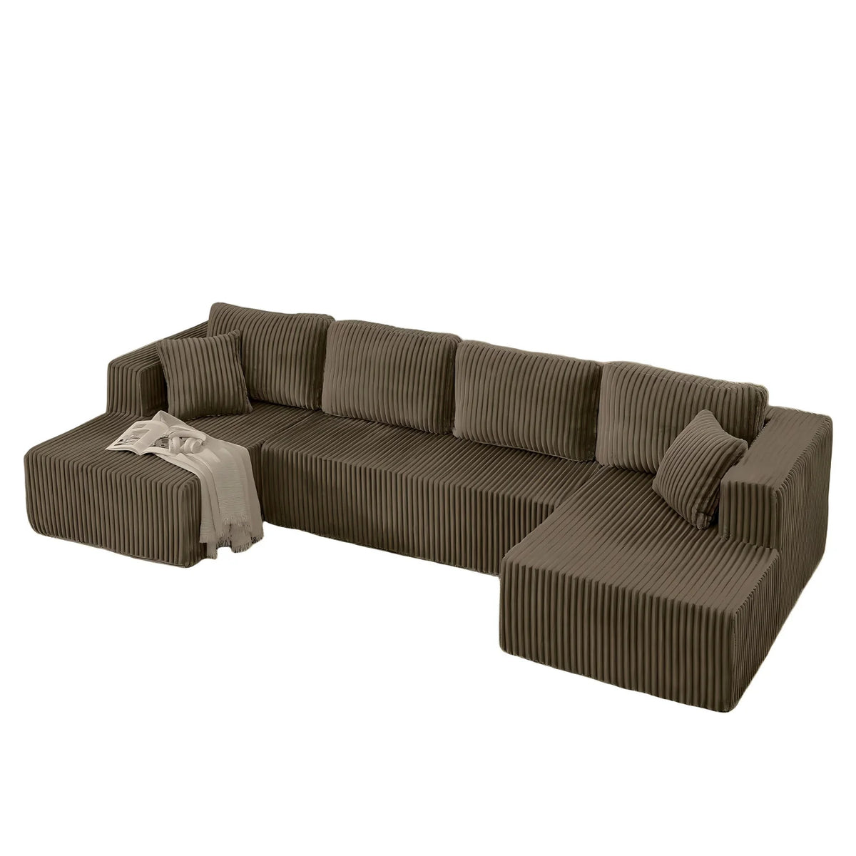 Comfy Boneless Sectionals For Living Room, Plush Corduroy Couch With Comfy Chaise Lounge, U Shaped Sectionals Foam Couches