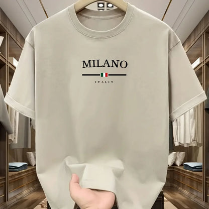 Men's 100% Pure Cotton Fashionable Casual Loose Italian Style Milan Letter Printed Round Neck Short Sleeved T-shirt Tops Tees