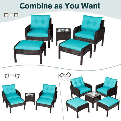 5-Piece Outdoor Patio Furniture Set with PE Rattan Chairs, Ottoman, and Table, Ideal for Porch, Garden, Backyard, Balcony, Brown