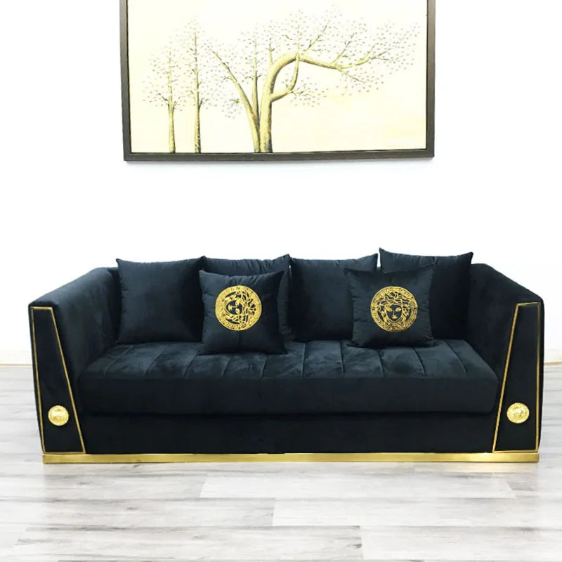 Modern Luxury Black Golden Velvet Sofa and Love Seat Nordic Gold Bellini 3 Sectional Couch for Wedding Home Living Furniture Set