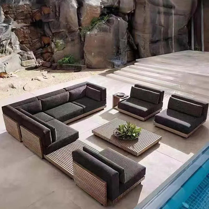 Outdoor Sofa Solid Wood Teak Rain proof and Sunscreen Courtyard Villa Outdoor Balcony Garden Soft Decoration Furniture