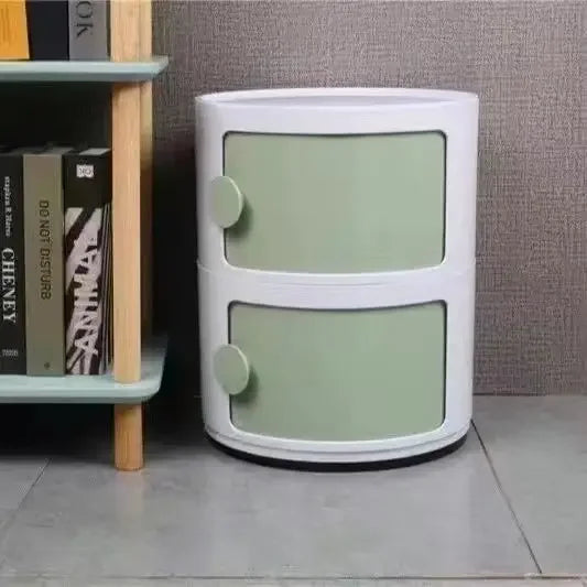 Plastic Round Nightstand Bedside Table Cabinet with Sliding Doors Round Storage Bedside Cabinet Nightstand  for Living Bedroom