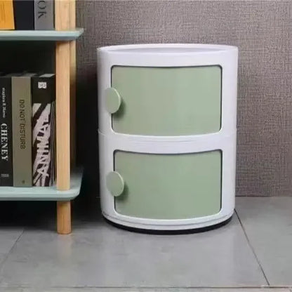 Plastic Round Nightstand Bedside Table Cabinet with Sliding Doors Round Storage Bedside Cabinet Nightstand  for Living Bedroom