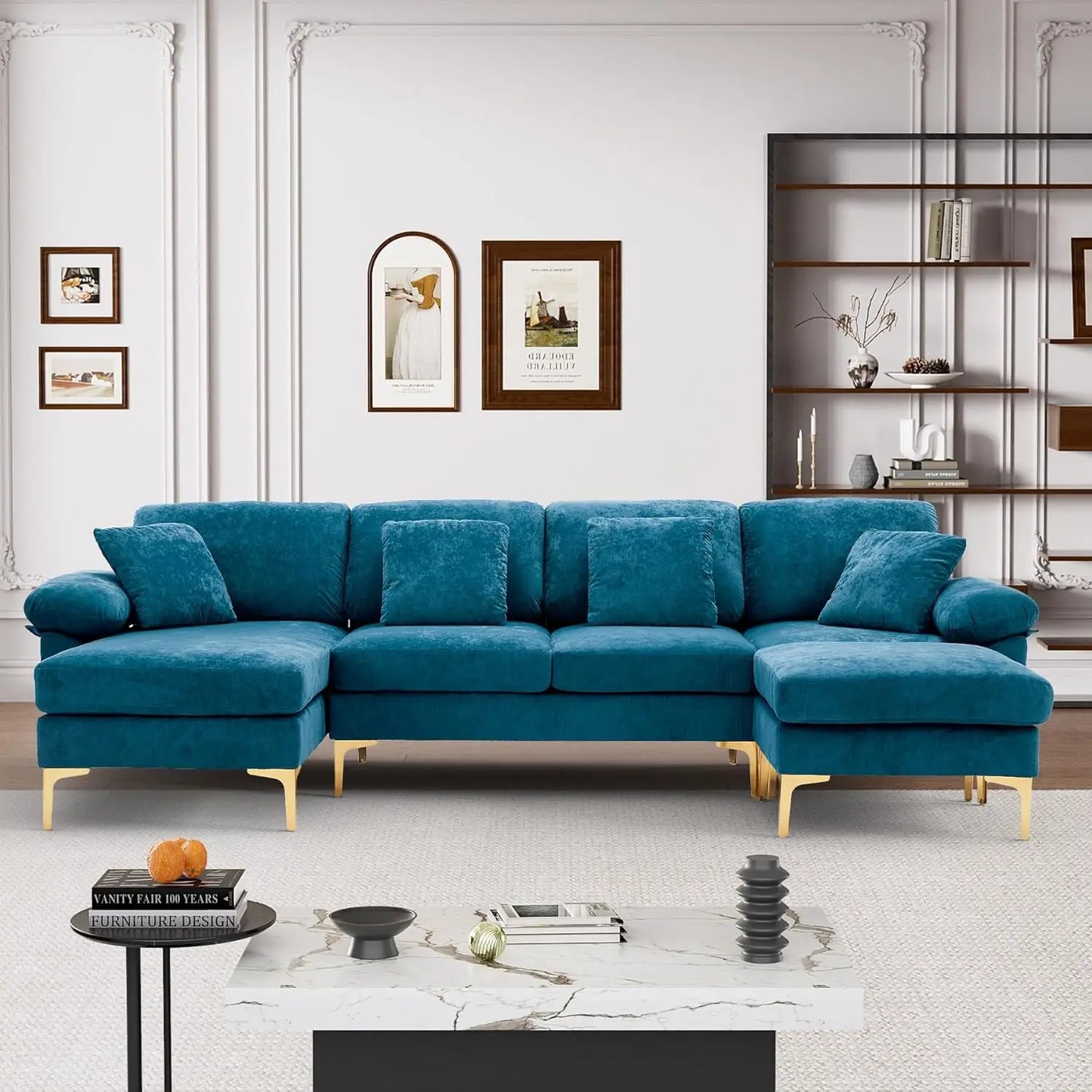 U-Shaped Sectional Sofa 114" Convertible L-Shape Chaise Ottoman Modular 4-Seat Sleeper Velvet Living Office Customized
