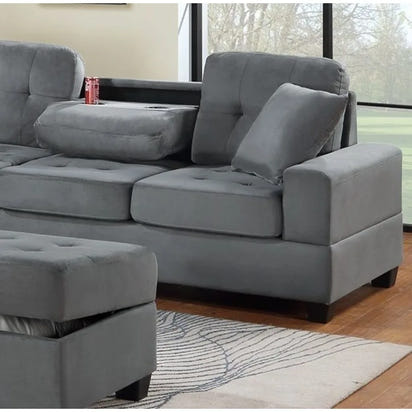 Dark Gray Plush Microfiber Living Room Furniture 3PCS Reversible Sectional Sofa Set Sofa w Cup Holder Reversible Chaise And Sto