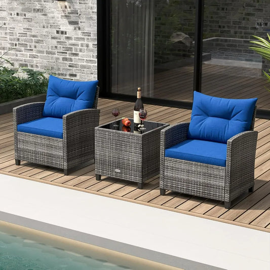 3 Piece Outdoor Patio Furniture Set PE Rattan Conversation Chairs with Washable Cushions Tempered Glass Table Top for Garden