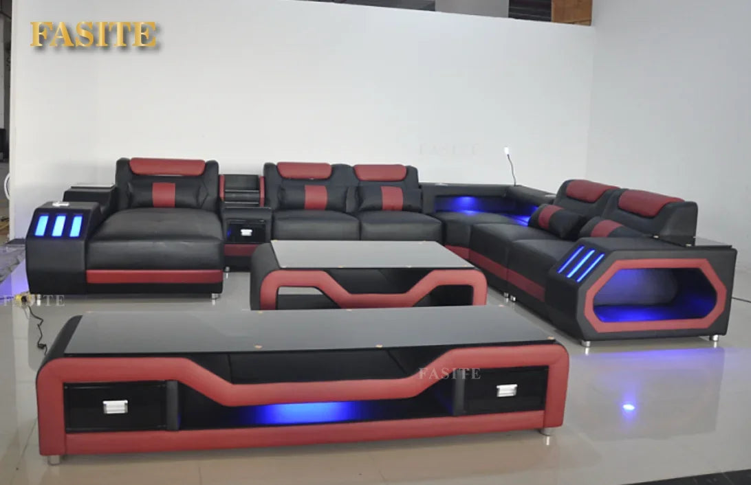 Modern Living Room Sofa Set Genuine Leather Sofas with USB Music Speaker