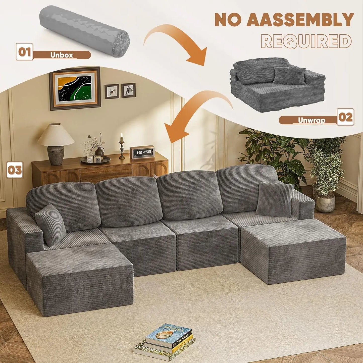 126" Modern Fabric Boneless Couch with Deep Seat, Sectional Couches for Living Room, Upholstered Cloud Sofa with 2 Ottoman