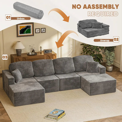 126" Modern Fabric Boneless Couch with Deep Seat, Sectional Couches for Living Room, Upholstered Cloud Sofa with 2 Ottoman