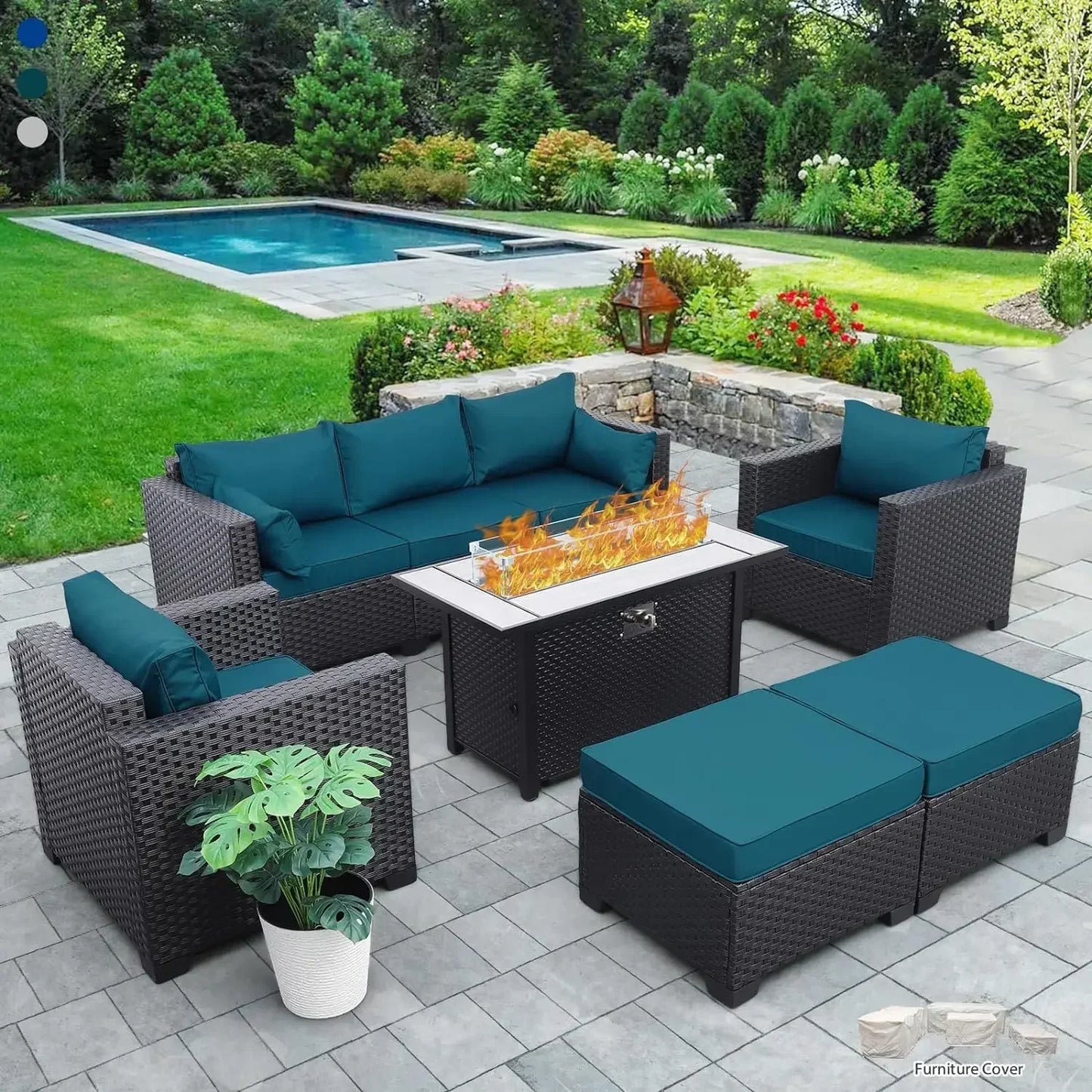 Patio Furniture Sets,  6 Pieces Couch Outdoor Chairs Coffee Table Peacock Blue Anti-Slip Cushions, Outdoor Furniture Sets