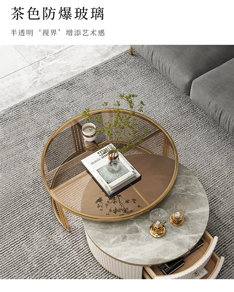 Light Luxury Stone Plate round Tea Table Small Apartment Modern Living Room Glass Coffee Table Living Room Home