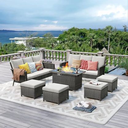 Rattan Outdoor Furniture Set, 6-piece Outdoor Deep-seated Leisure Set, Including Brazier Table and Footstool