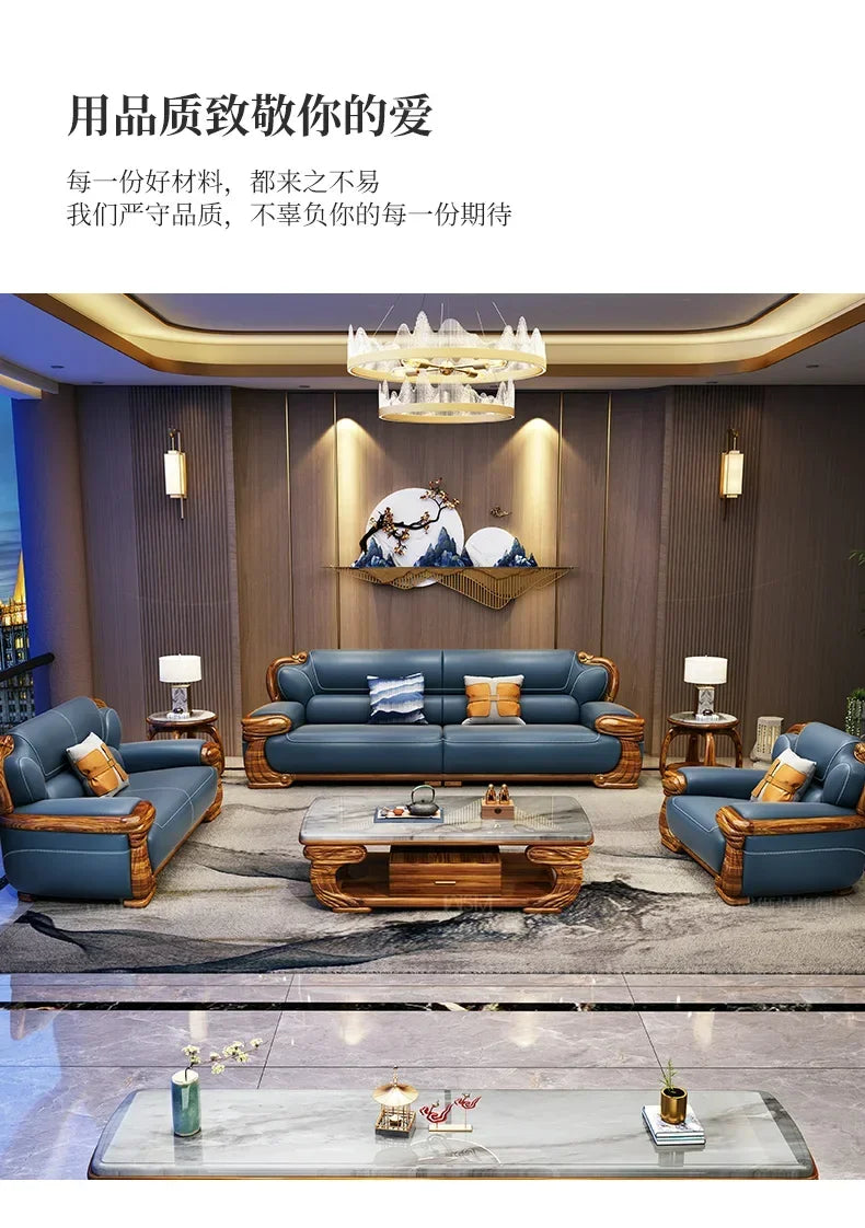 B178 A Imported ebony wood carving flower sofa villa new Chinese modern simple first layer leather sofa