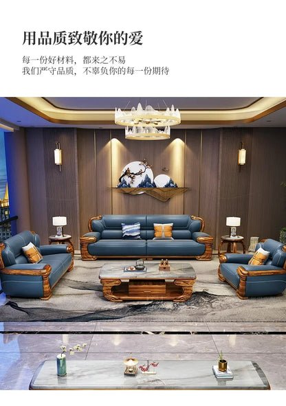 B178 A Imported ebony wood carving flower sofa villa new Chinese modern simple first layer leather sofa