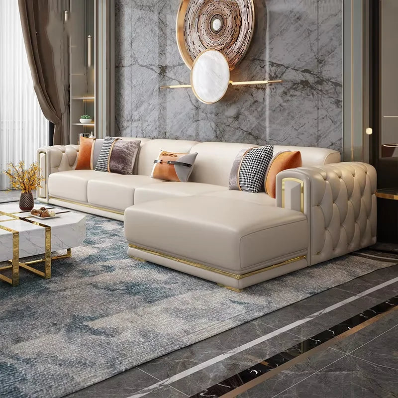 Modern Luxury White Gold Minimalist Home Furniture Living Room Sofa Set 1+2+3 Seater Upholstered L Shape Leather Sectional Couch