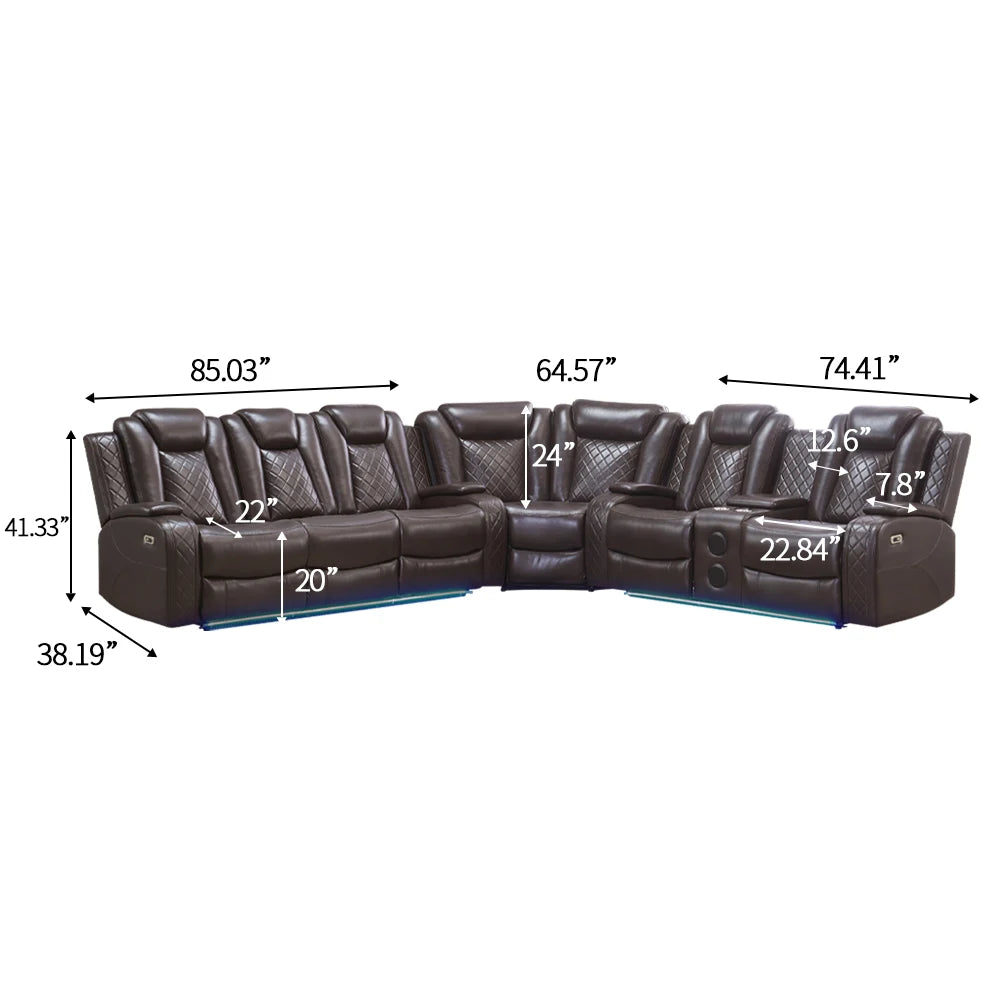 Power Reclining Sofa Couch with Wireless Charger 3 Seaters Recliner  Reading Light Leather Bluetooth Speaker Theater Seating LED