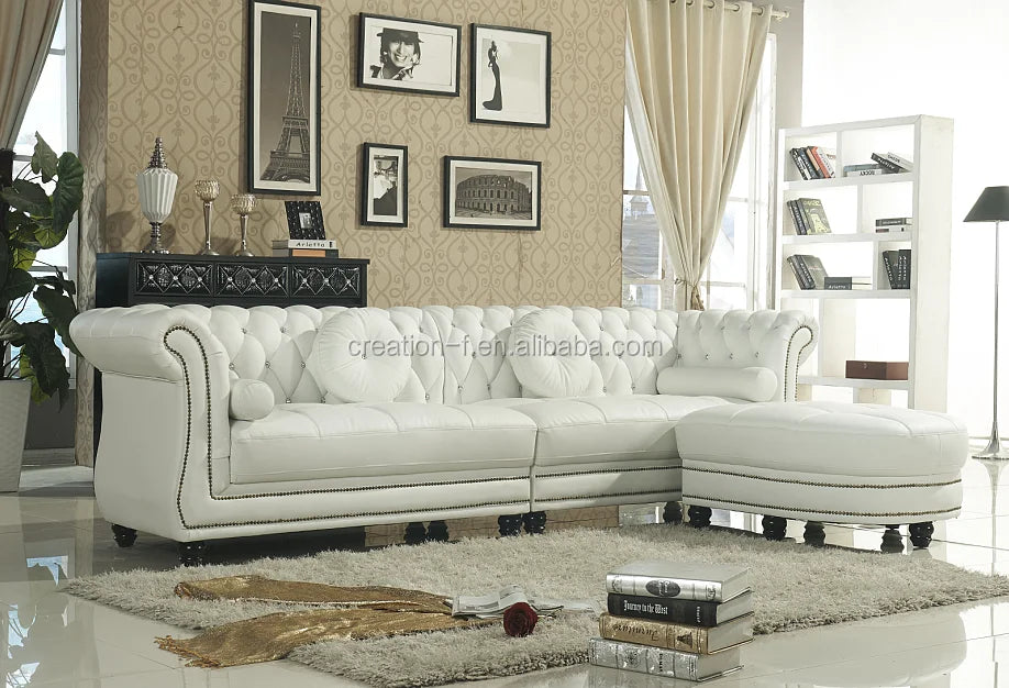 Hot Sale Modern White Leather Sofa Set Furniture  Chesterfield 321 Sofa Leather Living Room Sofas