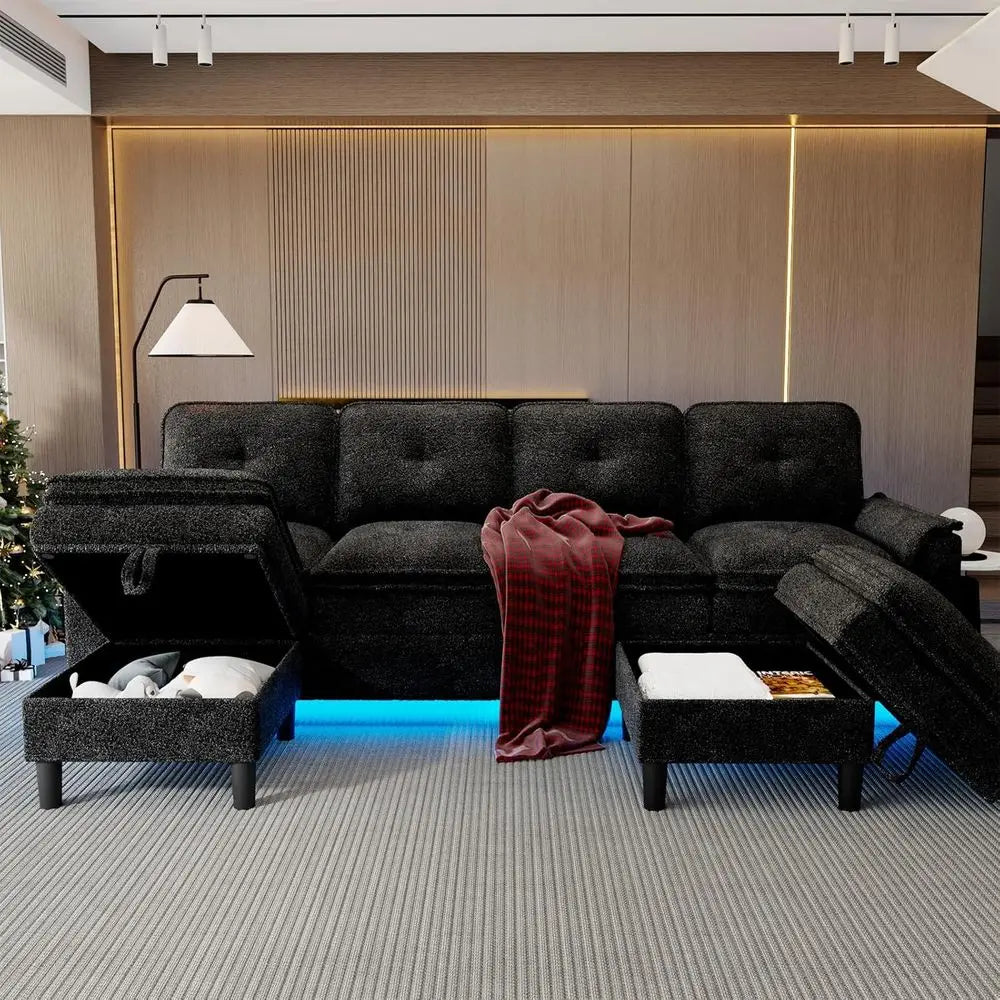 Sectional Couches with Charging, Storage Ottoman, 4-Seat LED U-Shape Sofa for Modern Living Rooms