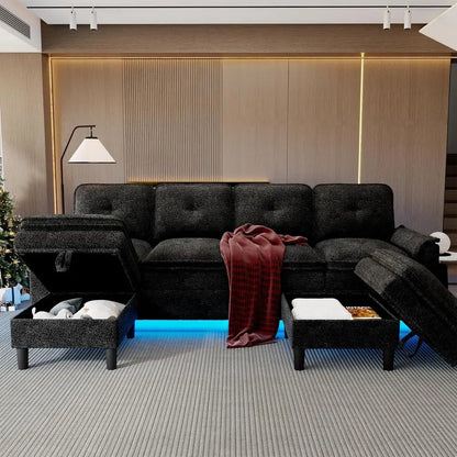 Sectional Couches with Charging, Storage Ottoman, 4-Seat LED U-Shape Sofa for Modern Living Rooms