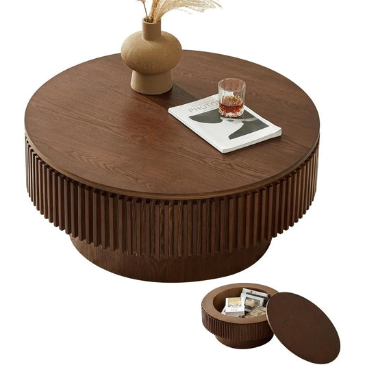 Round Coffee Table for Living Room,Fluted Drum Accent Tea Center Table with Storage,Circle Modern Coffee Tables for Small Space