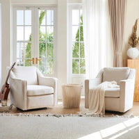 Set of 2 Upholstered Swivel Accent Chairs with Track Arms, Thick Padding, Solid Metal Base, Mid-Century Modern Design