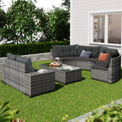 8-pieces Outdoor Wicker Round Sofa Set, Half-Moon Sectional Sets All Weather, Curved Sofa Set With Rectangular Coffee Table, PE