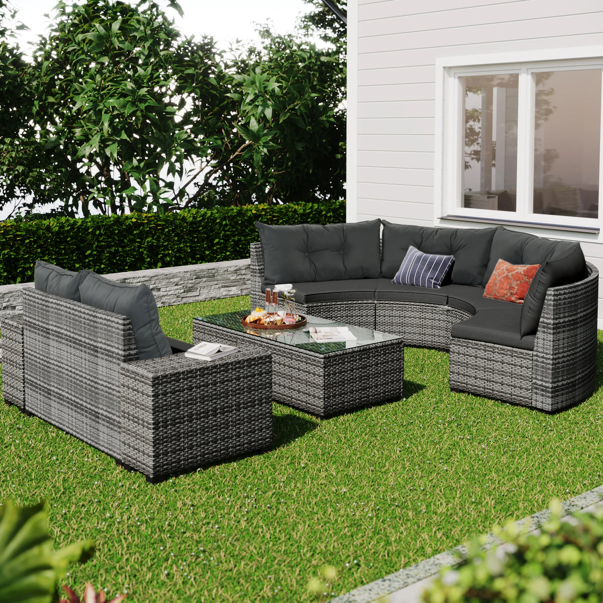 8-pieces Outdoor Wicker Round Sofa Set, Half-Moon Sectional Sets All Weather, Curved Sofa Set With Rectangular Coffee Table, PE