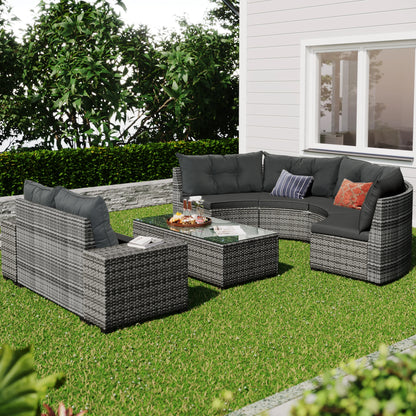 8-pieces Outdoor Wicker Round Sofa Set, Half-Moon Sectional Sets All Weather, Curved Sofa Set With Rectangular Coffee Table, PE